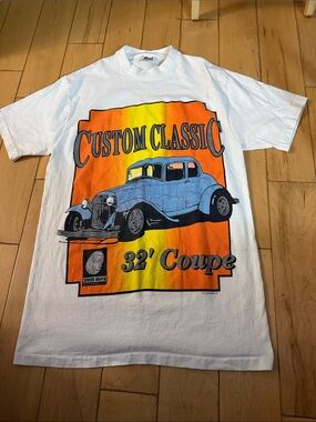 Anvil White Tee with Orange and Yellow Vintage Car Graphic